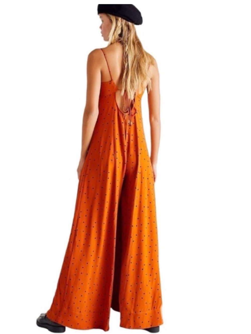 Free People Rust Orange Polka-Dot Spaghetti-Strap Wide-Leg Jumpsuit - Picture 8 of 16